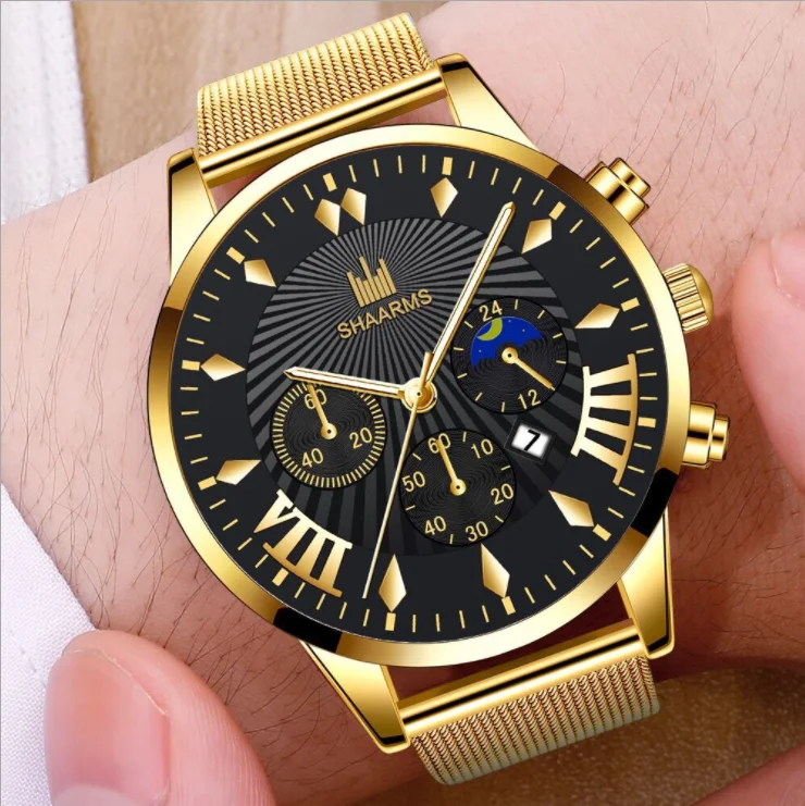 Ornamental three-eye watch personality atmosphere business watch with calendar net belt quartz watch