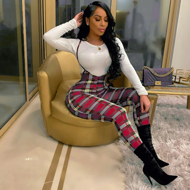 2021 New Winter Arrivals Clothes Long Sleeve t Shirt With Plaid Ladies Outfits 2 Piece Sets Suspender Jumpuit Pants Women -YY