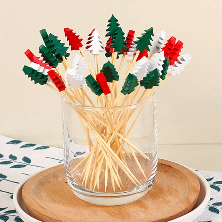 Green Red White 3 Mixed Colors Christmas Tree Bamboo Food Fruit Picks