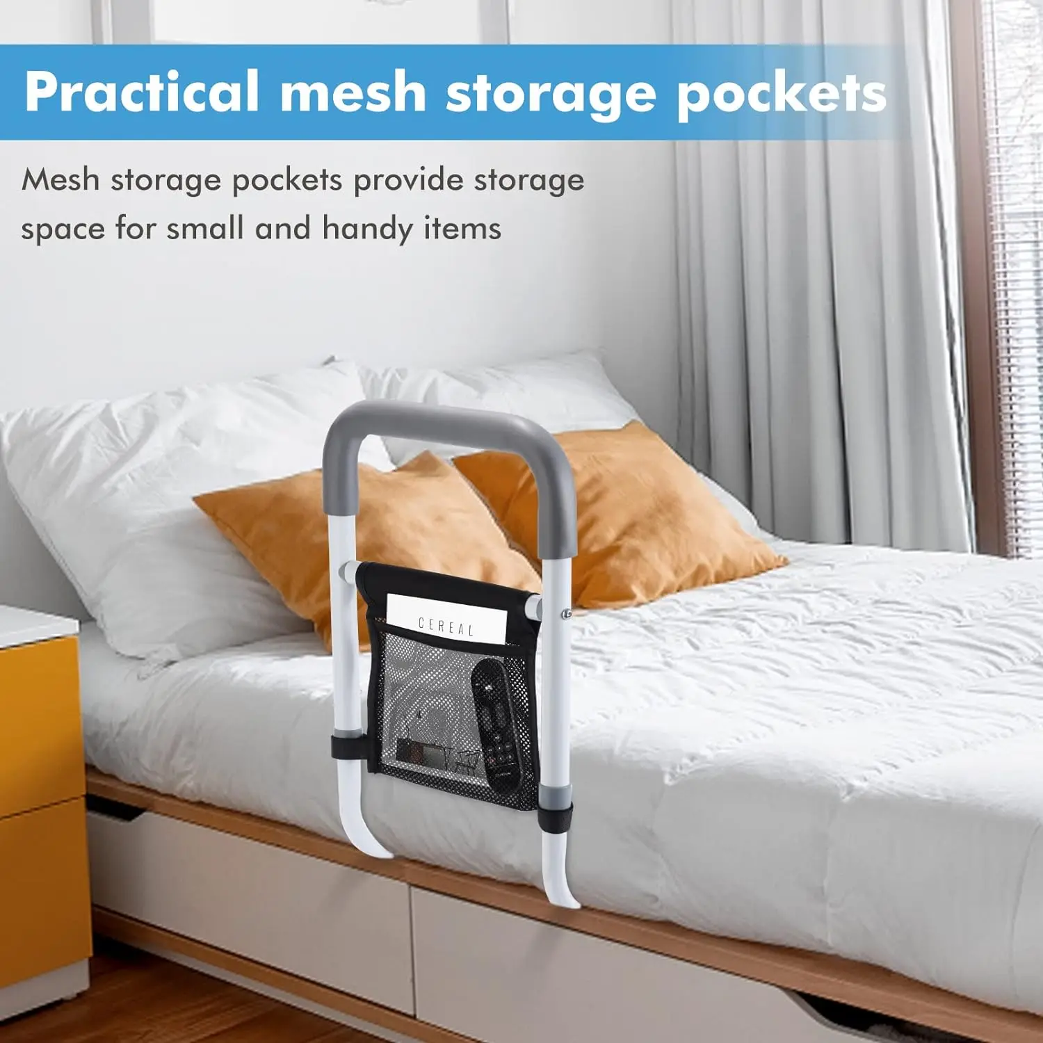 Bed Rails for Elderly Adults Safety Height Adjustable Bed Assist Rail for Seniors Bedside Grab Bar with Storage Pocket