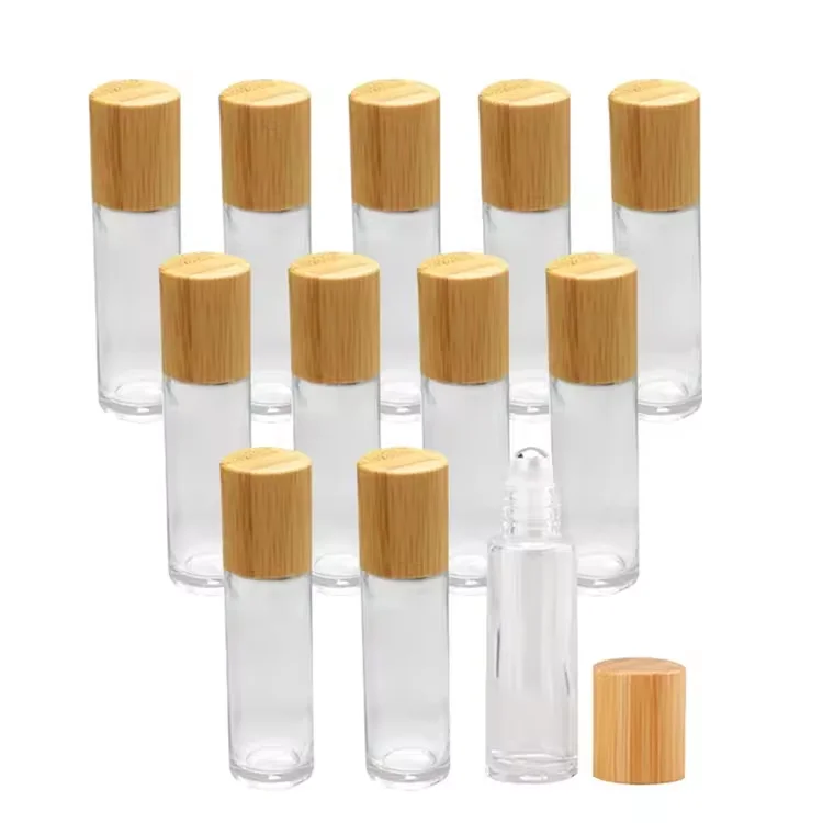 Custom logo and box In Stock 10ml Clear Roller Ball Glass Bottle Fashion Frosted Metal Roller Bottles with Wooden Lid