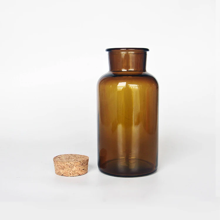 Small Amber Glass Wide Mouth Bottle Jars With Cork Stoppers Brown Colour