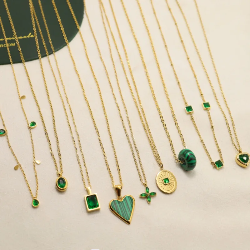 Green Gemston Statement Women ZIrcon Jewelry Gold Plated Necklaces Crystal Heart Pendants Chain Stainless Steel Necklace