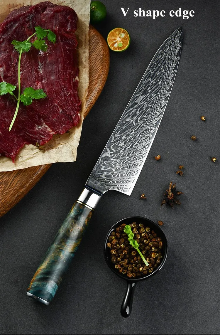 2021 New arrivals damascus steel blade 8 inch chef knife ultra sharp household slicing knife kitchen meat cutting knife