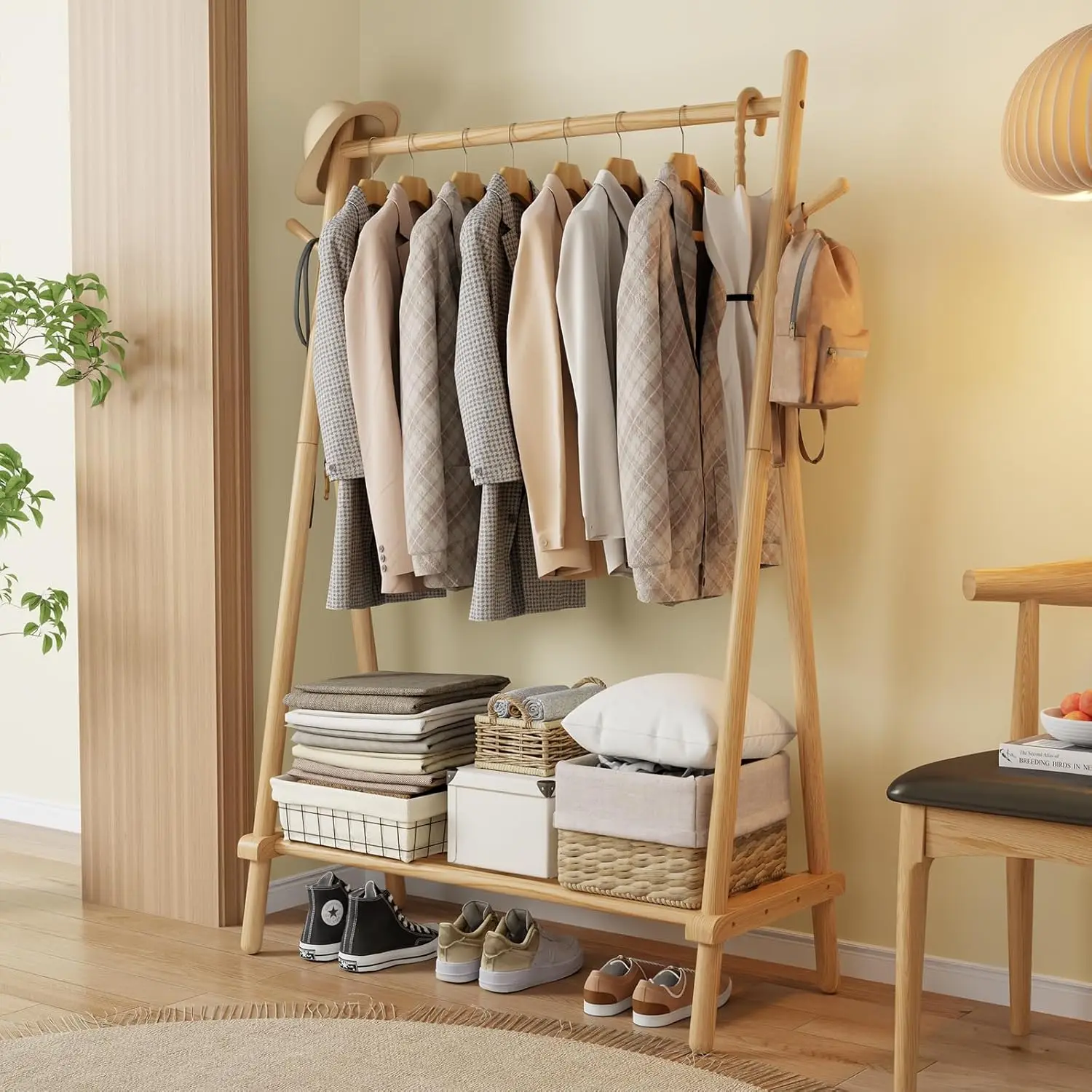 Solid Wood Clothes Rack, Clothing Rack with Shelf and Hook, Sturdy and Portable, Garment Rack for Hanging Clothes,Coats