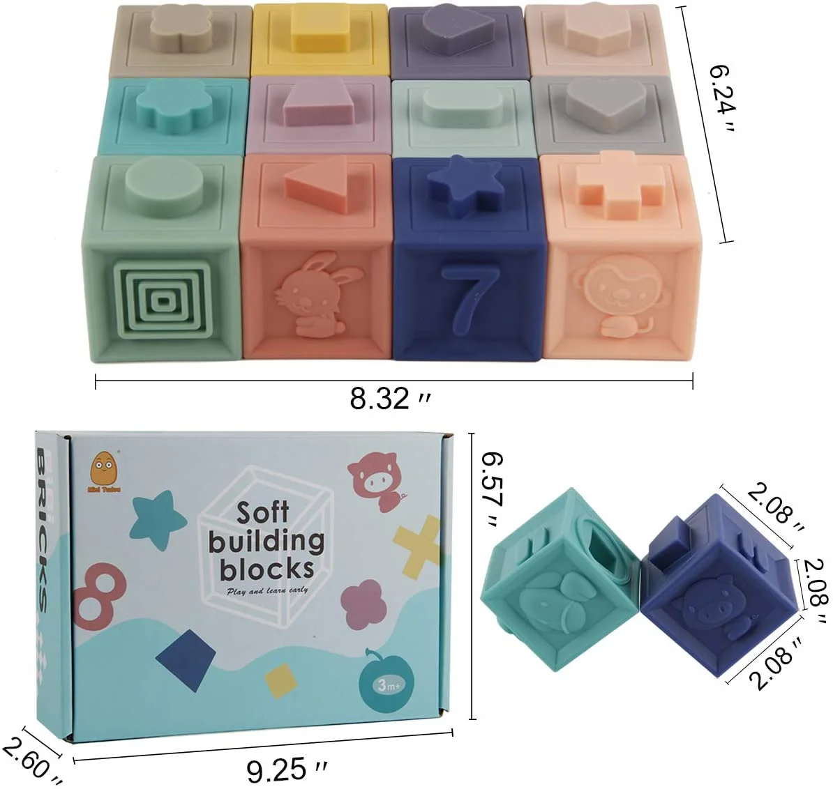 Amazon hot sale Baby Blocks Soft Building Blocks Toys  Educational Squeeze Play with Numbers Animals Shapes Textures 12PCS