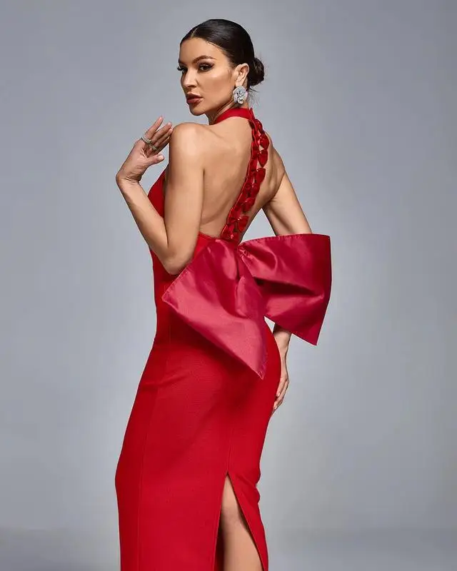 C3657 Fast Shipping Red Party Club Dresses Halter Sleeveless Bowknot Bandage Sexy Women Midi Dresses