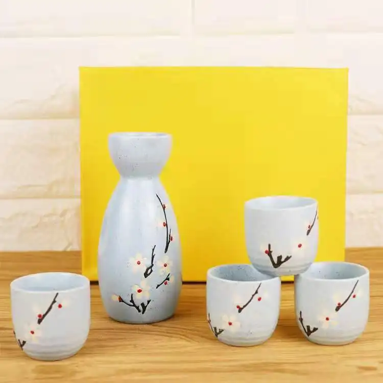Chinoiserie Ceramic Pottery Sake Pot Wine Bottle 4 Cups Ceramic Sake Sets