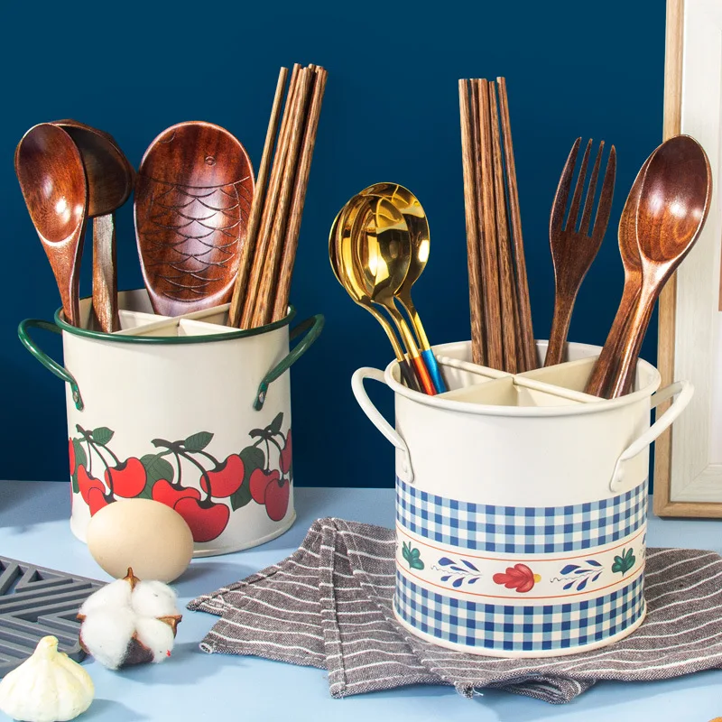 Vintage cherry tableware bucket household kitchen chopsticks cage knife and fork storage bucket
