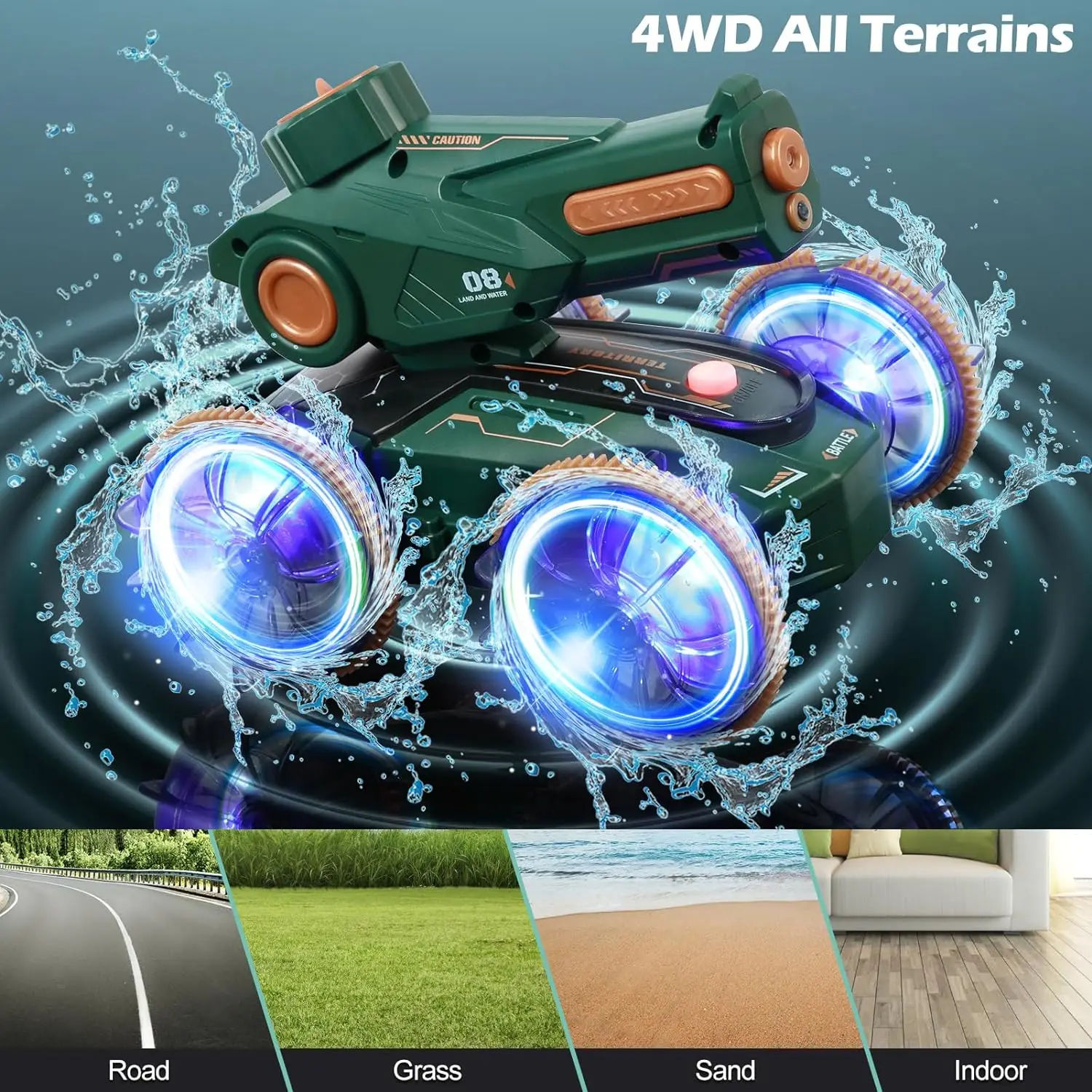 2024 Innovative Trends 2.4ghz 4wd Dual Control 3in1amphibious Remote Control Car Tank Toy Water Squirt Rc Stunt Car With Lights