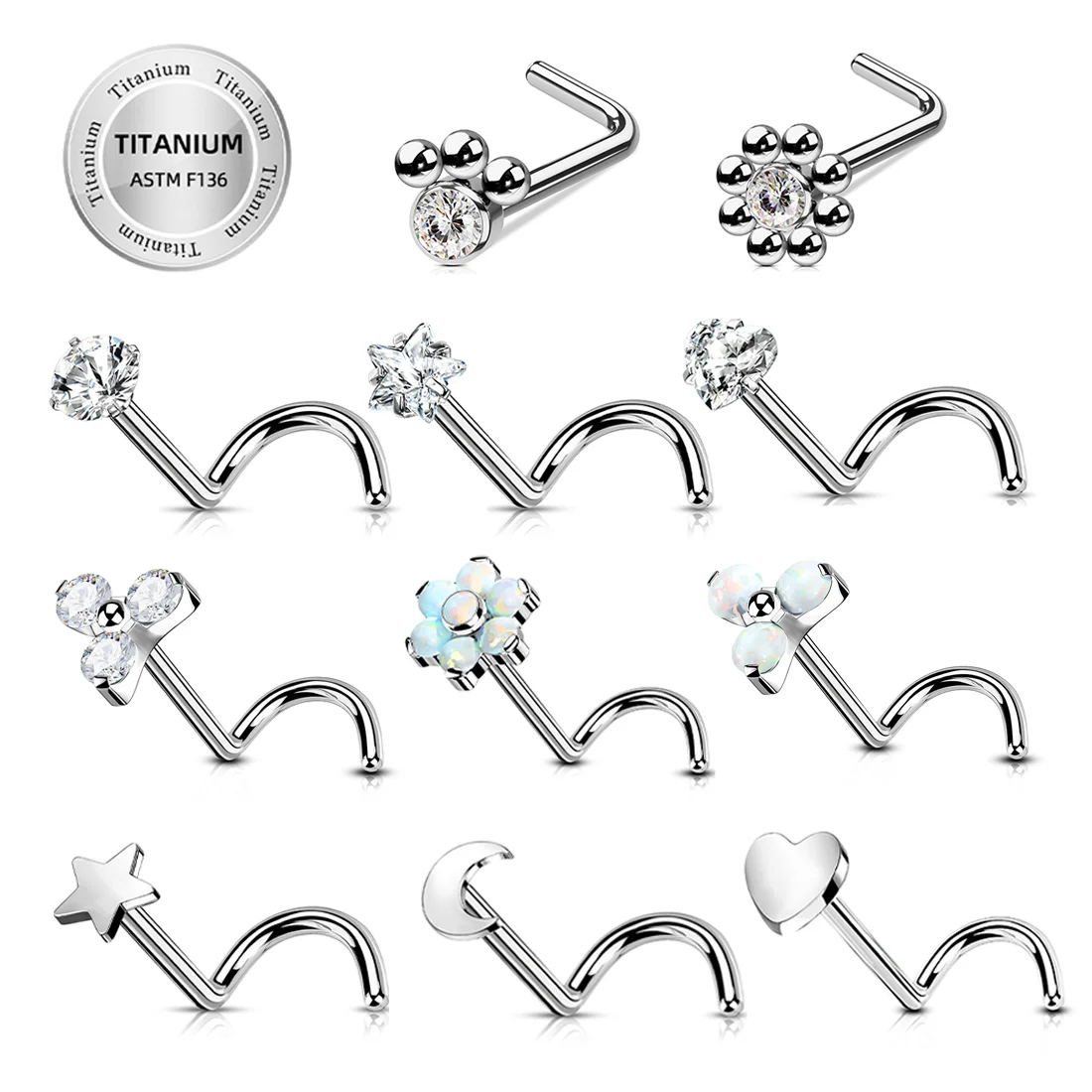 ASTM F136 Titanium Body Piercing Jewelry Nose Pins Fashion Jewelry zircon Prong Set Nose Screw Rings for women titanium Jewelry