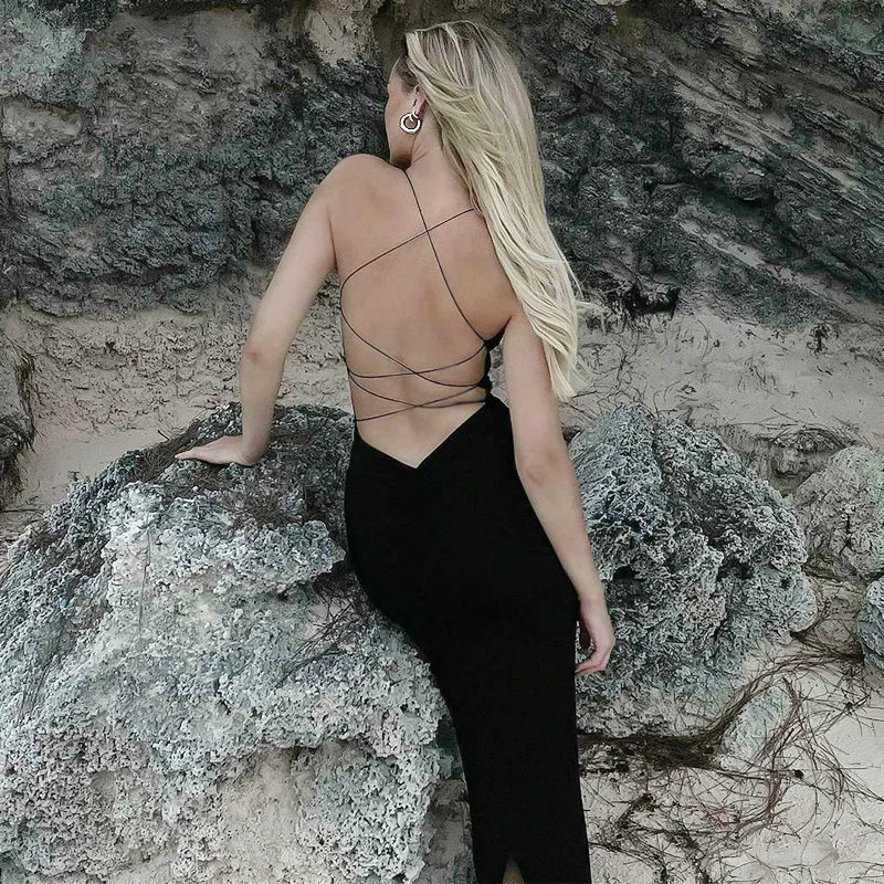 Hot Sleeveless Halter Ruched Slit Black Long Slip Dresses Summer Sun Beach Spaghetti Strap Bandage Sexy Backless Dress For Women