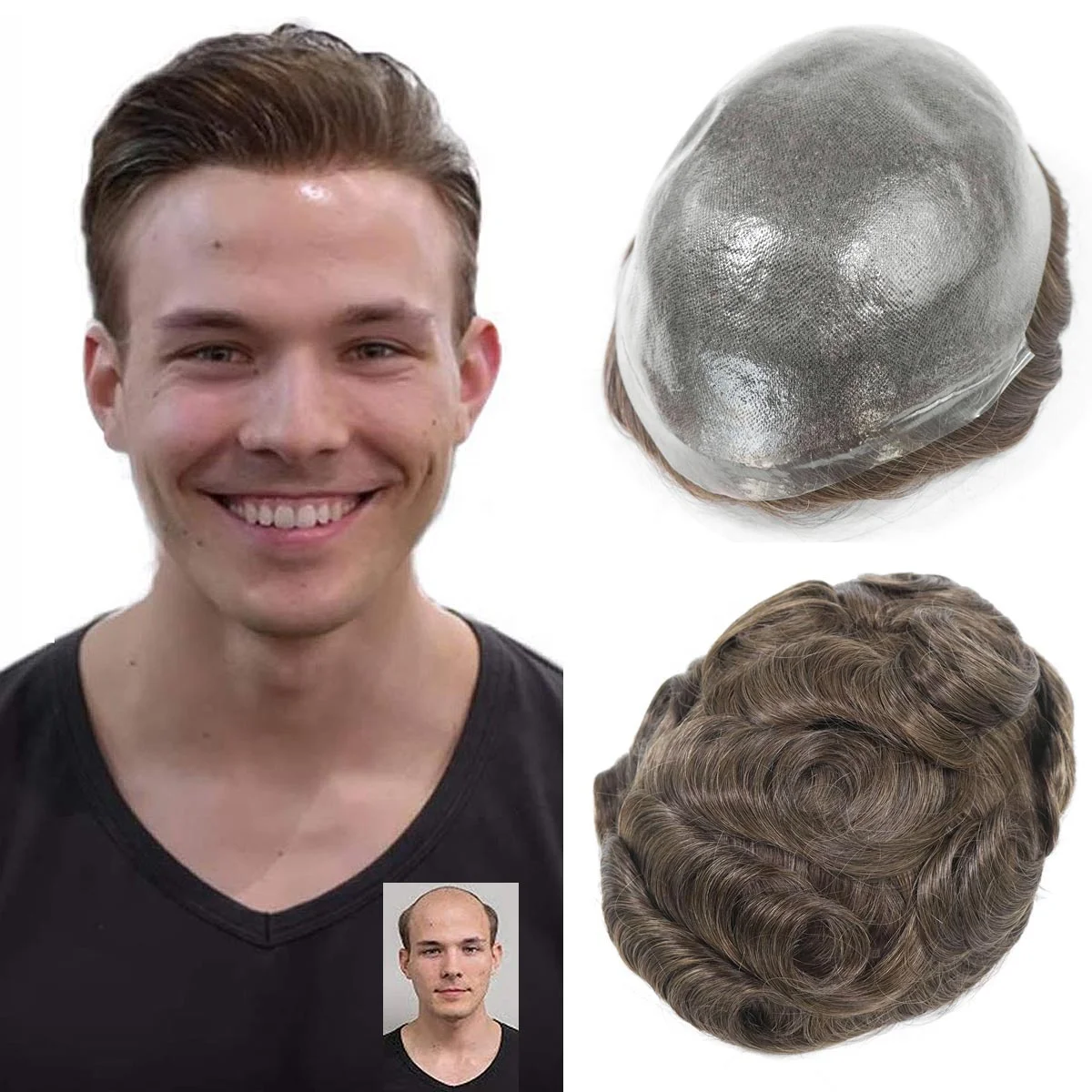 More Durable Single knotted Skin Toupee for Men 0.06-0.08mm Thin Skin Human Hair Replacement System