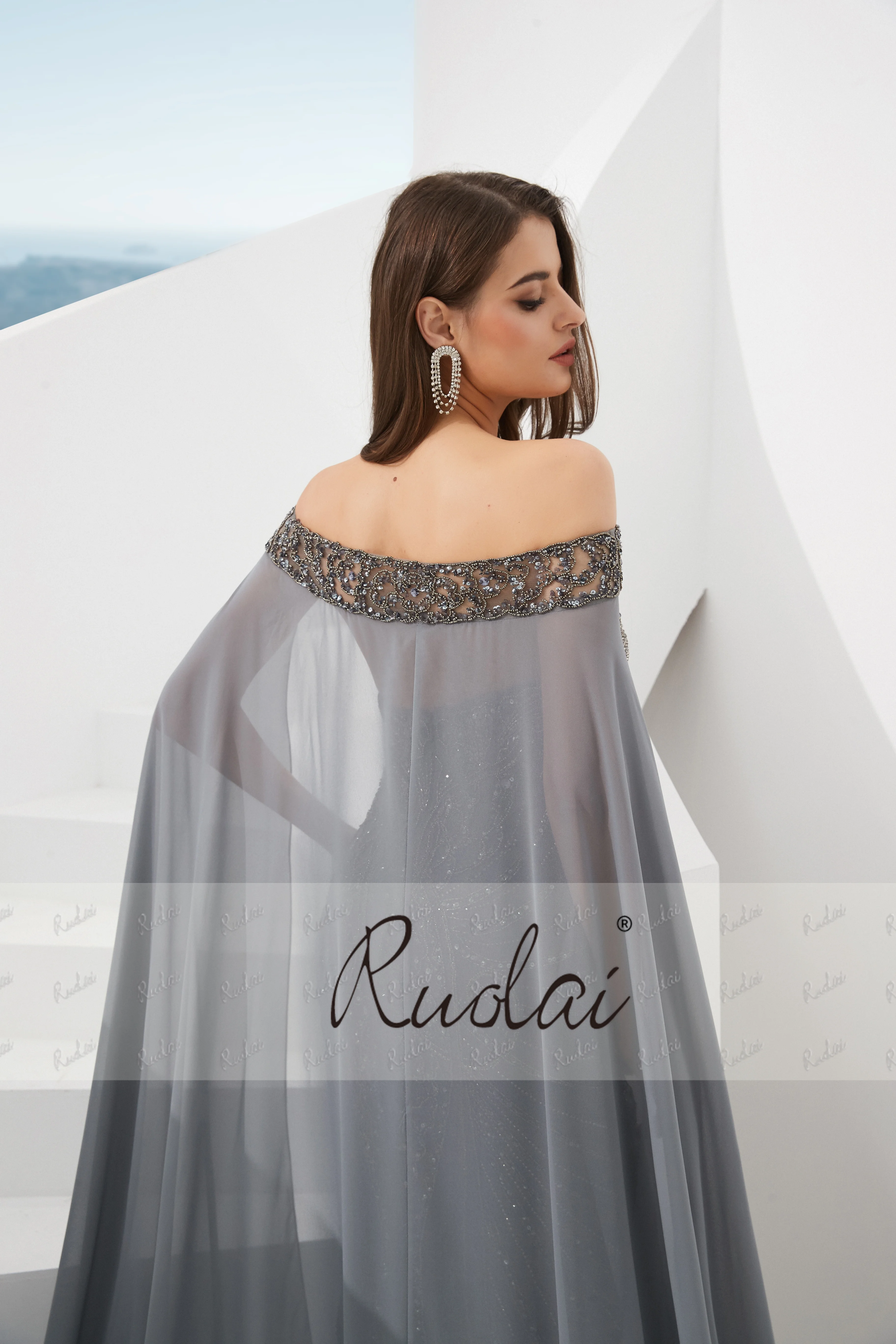 Ruolai LDC6710 New 2024  dark grey formal dress with Long Cloak Heavy Beading Luxury abendkleid Evening Dress