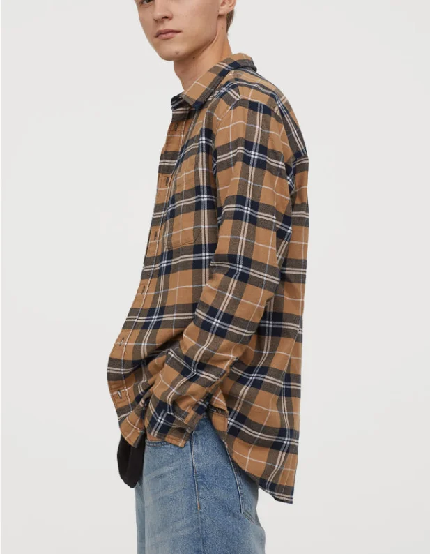 Winter Plaid Shirts Men Fashion Custom Logo Loose Casual Cotton Brushed Flannel Shirts