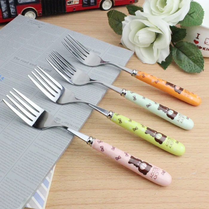 Korean style bear pattern ceramic student long handle fruit fork stainless steel spoon chopsticks