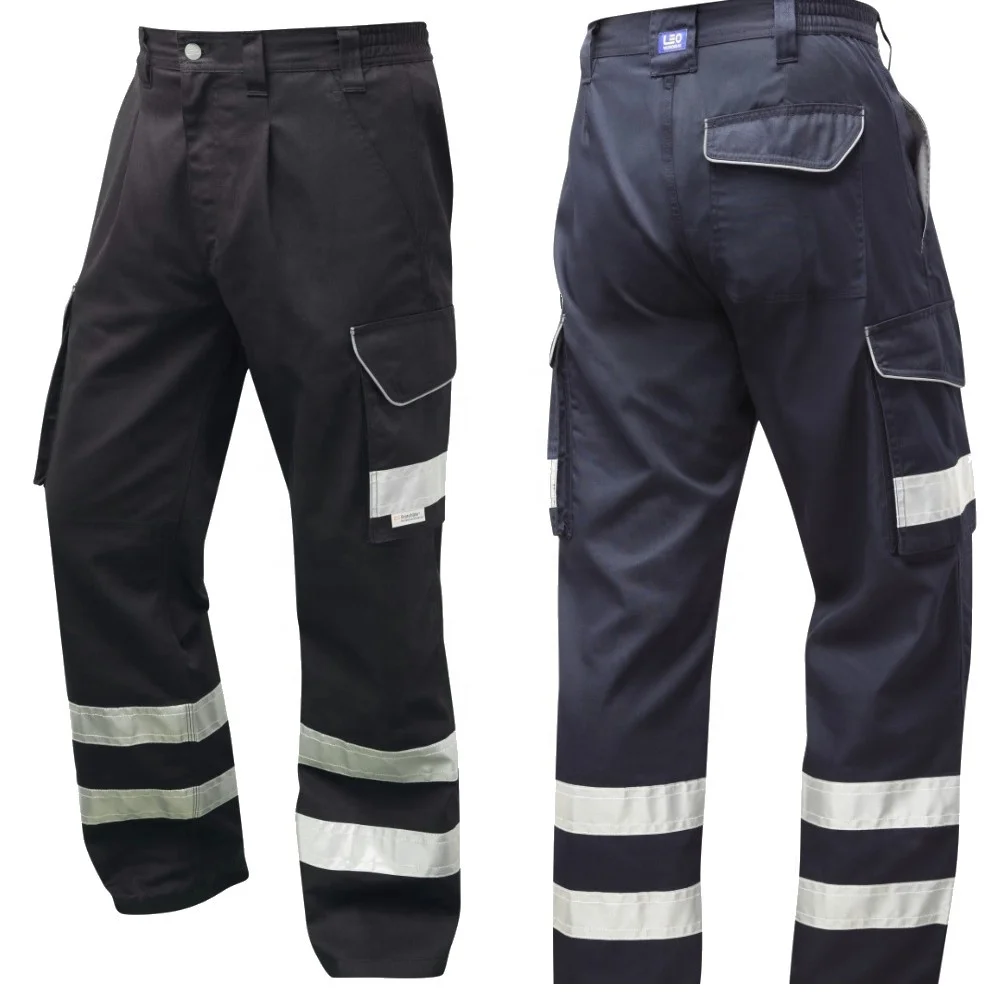 High vis reflective zip off 6 pockets design polycotton spandex stretch men safety workwear blue pants