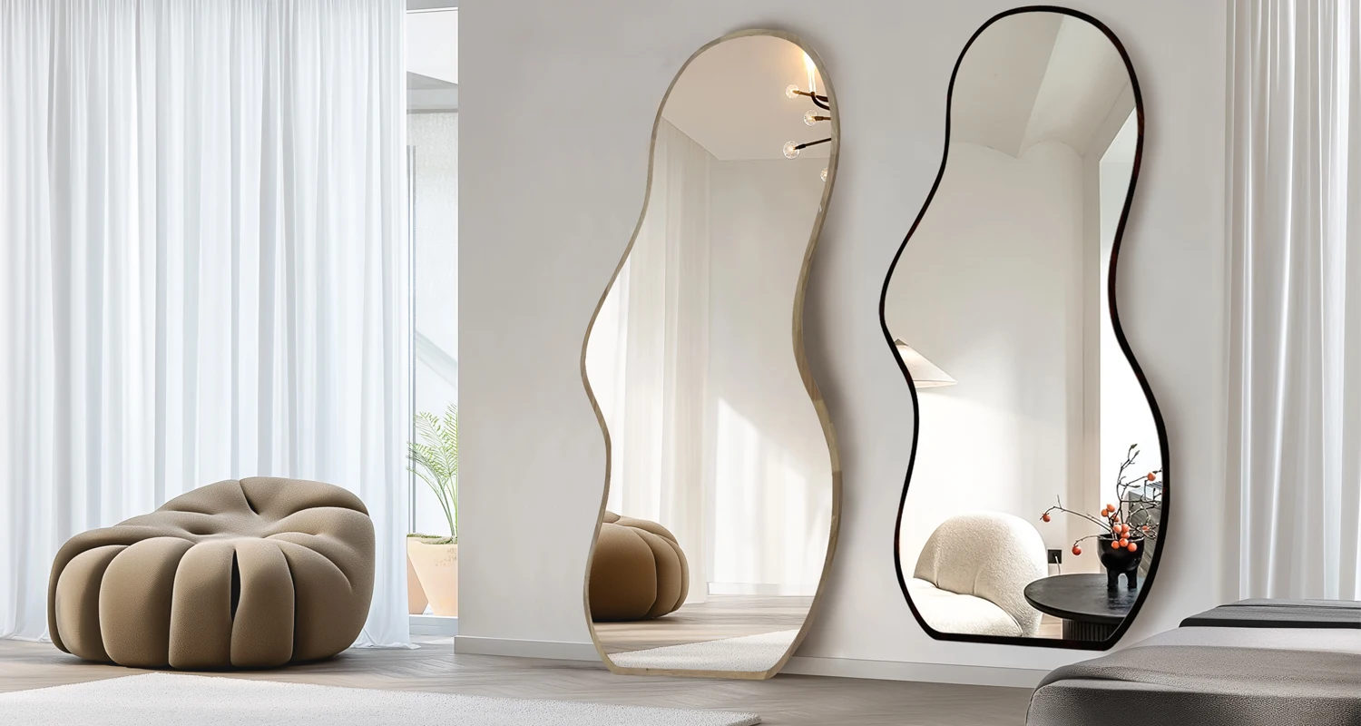 Wholesale Room Irregular Mirror Decoration Large Full Length Wooden Frame Mirror for Livingroom decor wall Wavy Decor Mirror