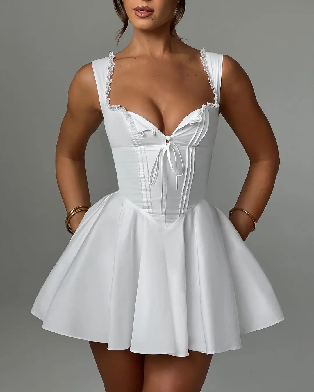 OEM 2024 Custom Clothes Women Summer Lace Edge Lady Casual Dress Fashion Corset Elegant Splice Short Length Mini Summer Dress