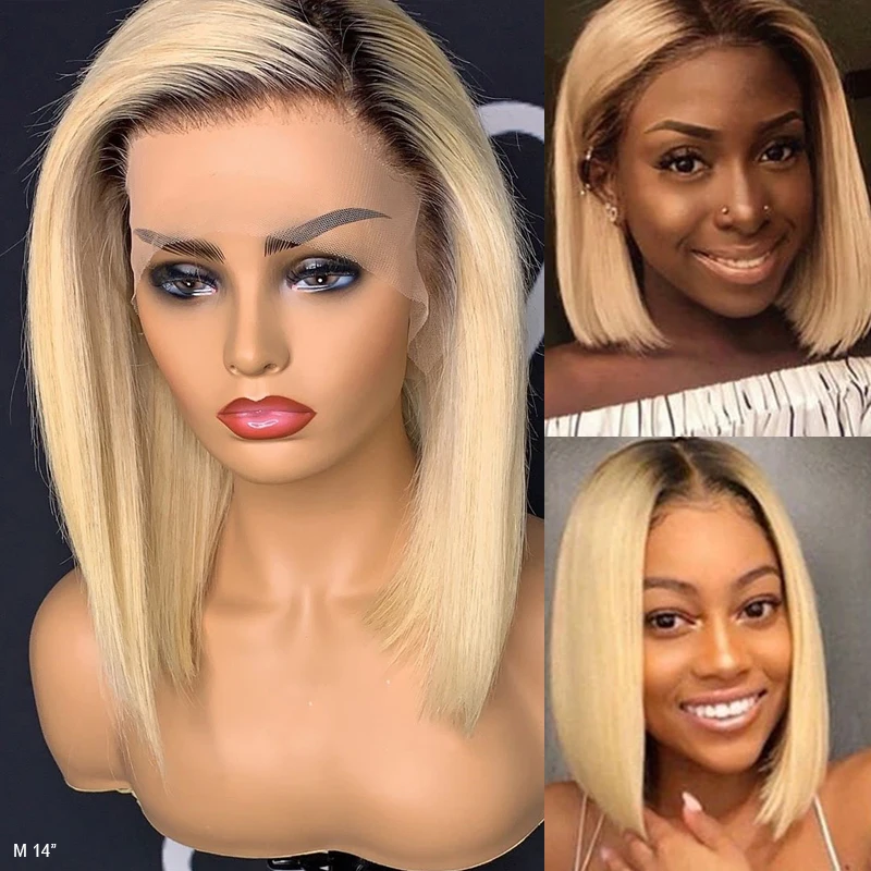 150% Ombre Blonde Lace Front Human Hair Wig Straight Remy 1B/613 Colored Human Hair Bob Wigs Deep Part Swiss Lace Wig