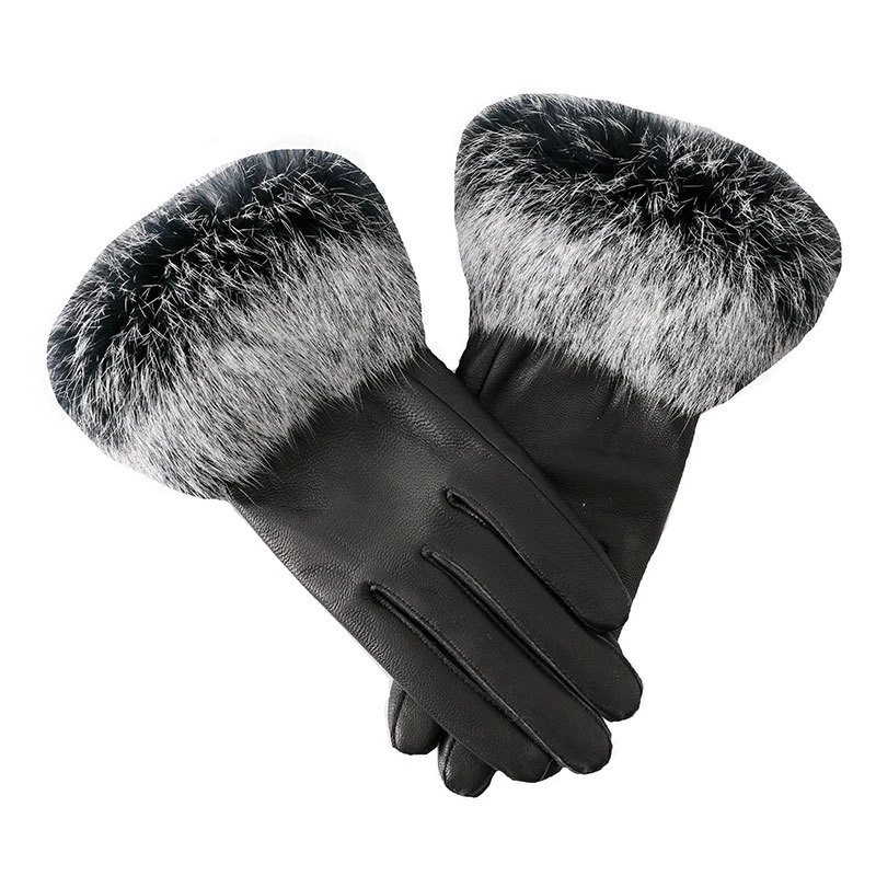 ZDFURS*Genuine Leather Glove Women Warm Fashion Winter Ladies Hand Warmer Gloves With Natural Rabbit Fur Trims