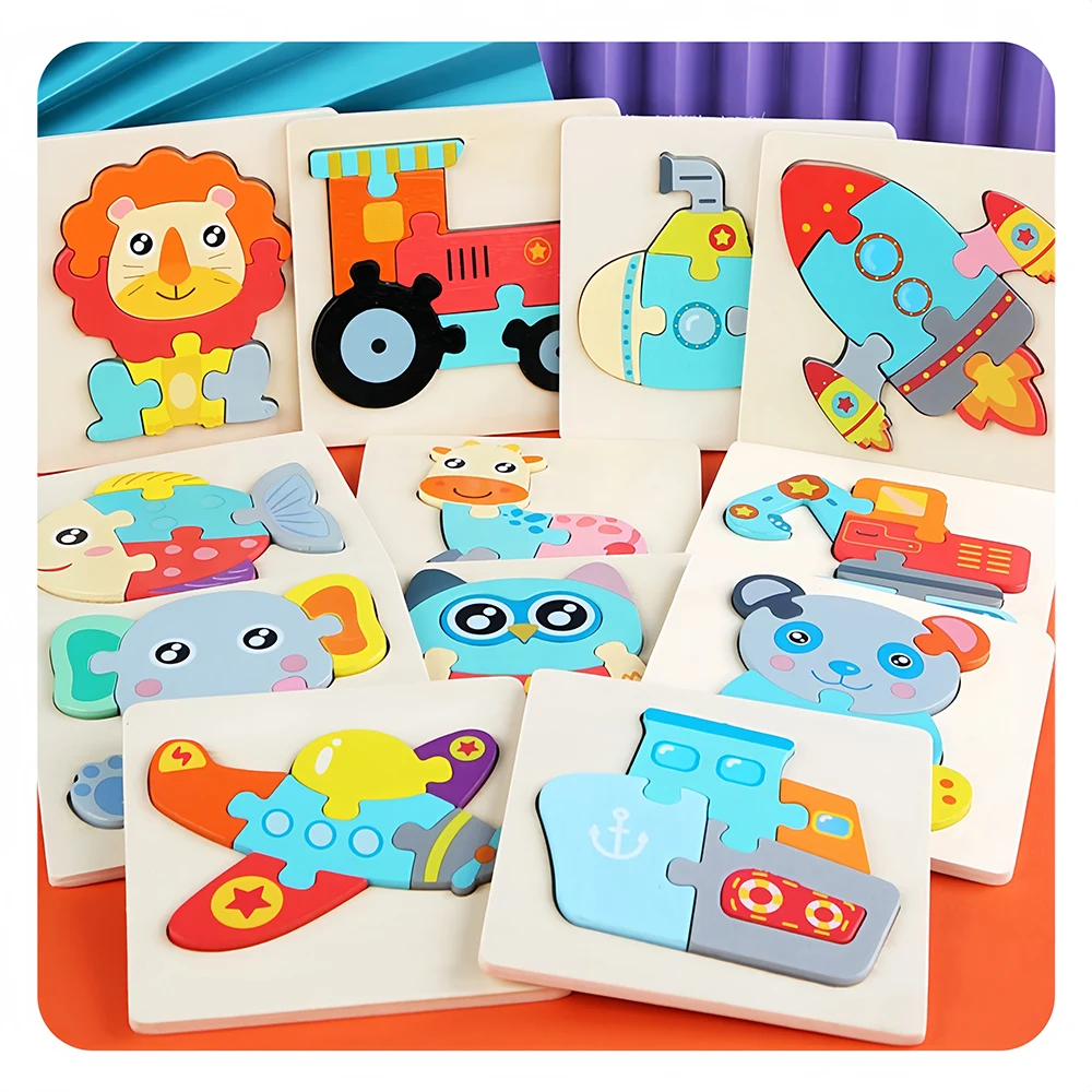 Cartoon Laser Cut 3d Wood Anime Puzzle Children Educational 3d Traffic Shape Matching Animal Puzzle Toy