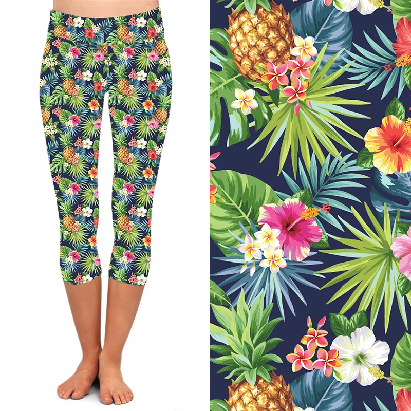 Design your own wholesale buttery soft tropical pineapple leaf flower printed one size fit all leggings