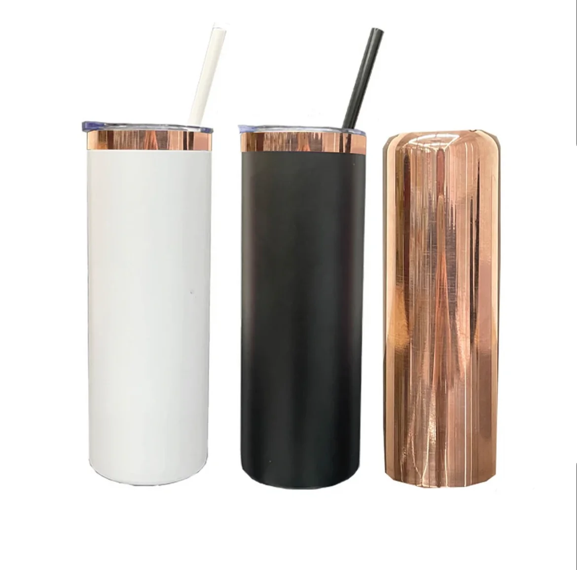 mirror copper plated 20oz powder coated stainless steel straight skinny tumblers with slide lid and straw for laser engraving