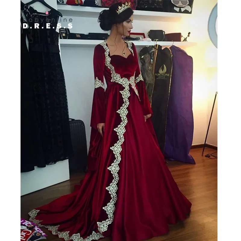 Womens Dresses Long Sleeve Arabic Dubai Vestido De Feista 2017 Robe Soiree Line Evening Dresses Burgundy Prom Party Gowns with