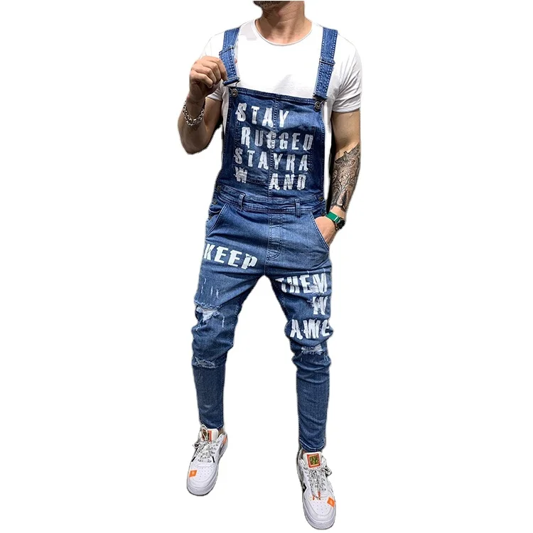 Wholesale Custom Destroyed Tight Denim Short Jumpsuit Rompers Overalls For Men Jeans
