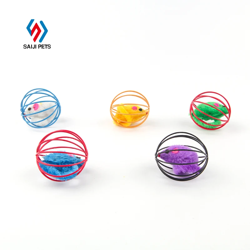Wholesale Amazon Hot Handmade Custom Colorful Round Cage And Plush Mouse Pet Cats Interactive Toys Rat In Cage Cat Toys