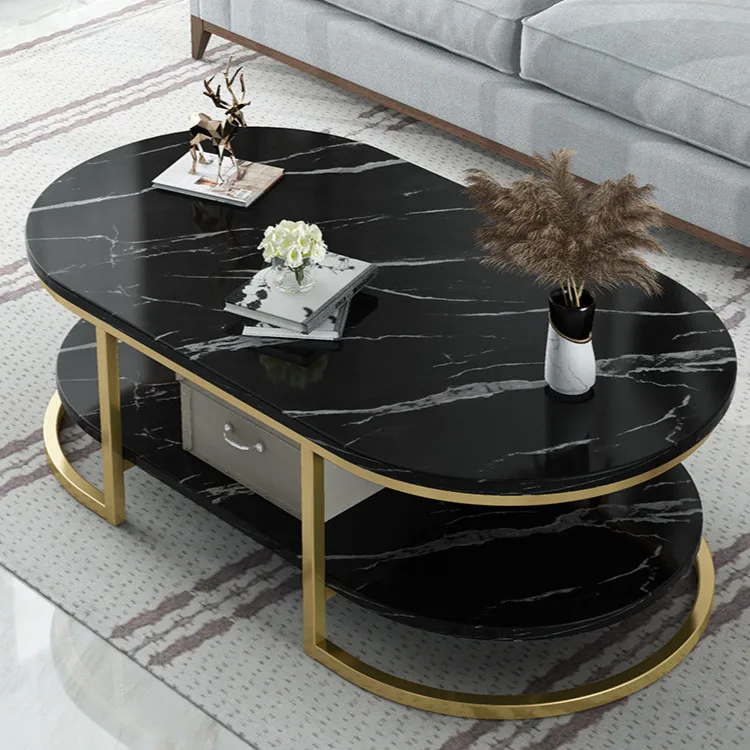 Modern luxury marble oval tea table iron art metal frame single double deck sofa small table living room household