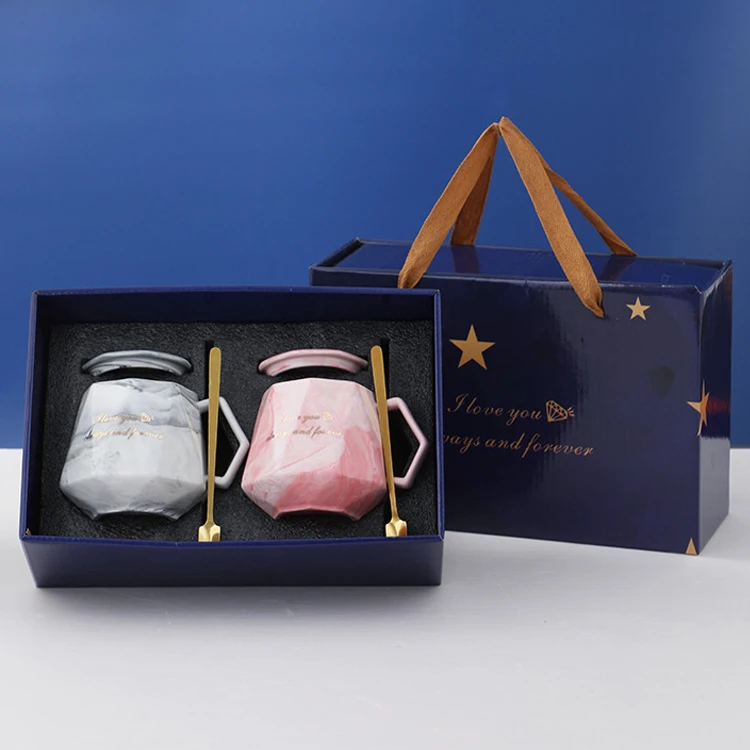 Creative ceramic mugs coffee mugs with handle and lid diamond-shaped porcelain mugs with gift box