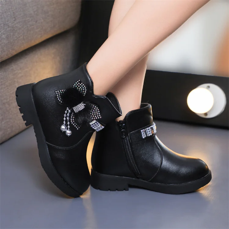 Children cotton boots rhinestone ankle boots princess fashion bow leather boots