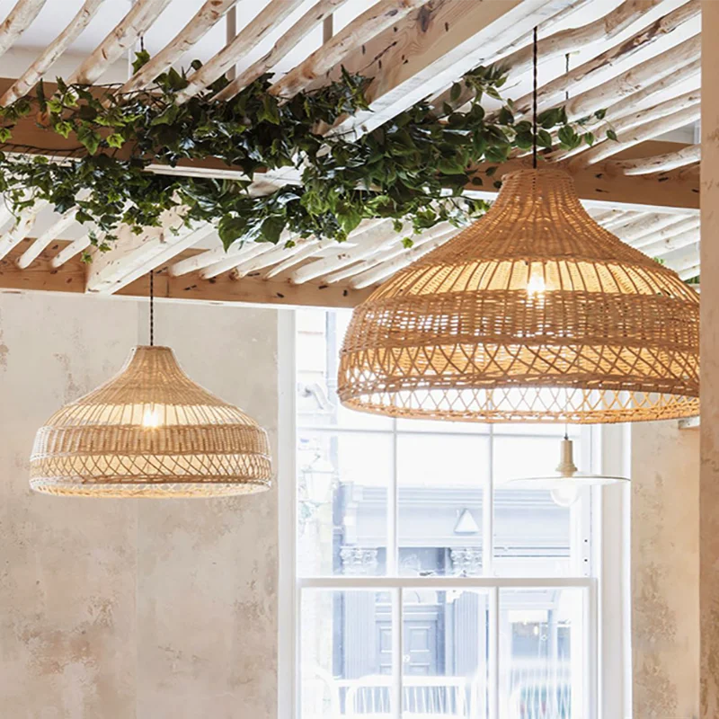 Indoor Retro Decorative Modern Decorative Round Led Hanging Wicker Light Wooden Woven Rattan Pendant Lamp For Restaurant