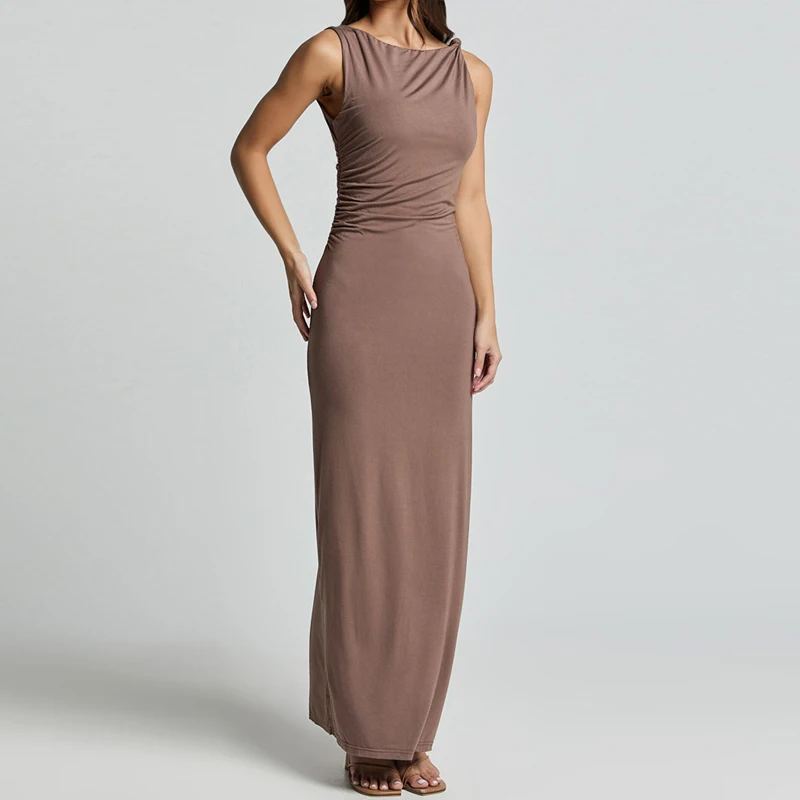 Hot selling summer midi dress sexy Elastic fabric bodycon sleeveless Twist pleated dress