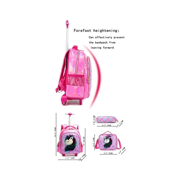 Customized Logo Kids School  Rolling Trolley Wheels Luggage Backpack With Lunch Box