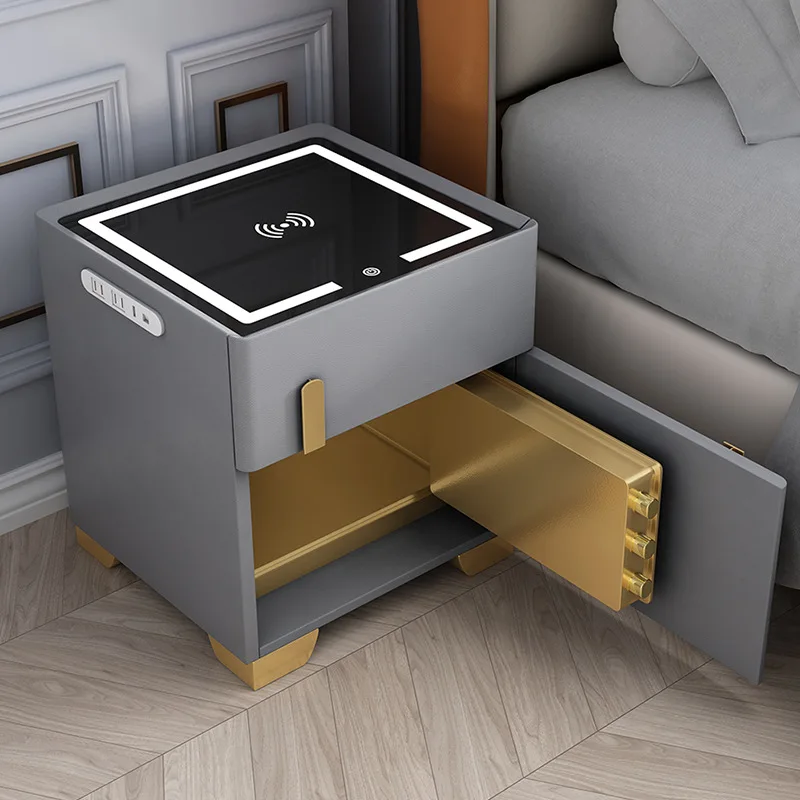 Modern Bedroom Luxury Wooden Nightstand USB Charger Night Stand Luxury Leather Safe Smart Bedside Table With LED Light Speaker