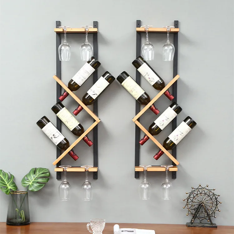 Home Decor Wooden Wall Glass Organizer Shelves Wall-mounted Wine Display Racks Metal Wine Rack