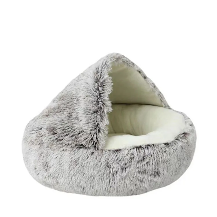 Cat Bed Round Plush Fluffy Hooded Calming Cat Cave Nest with Non-collapsed Cover