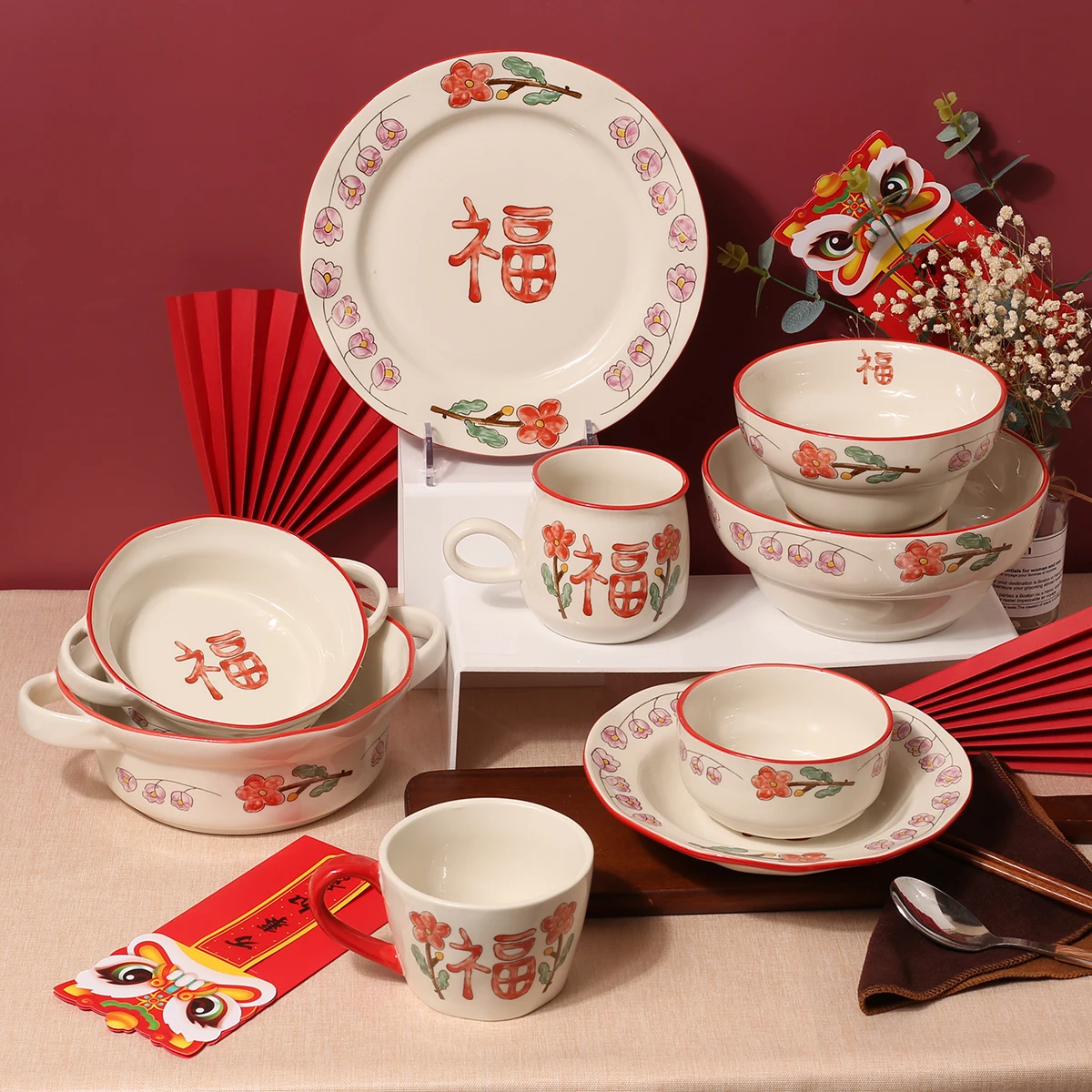 Wholesale Ceramic Dinnerware Pate Set Chinese Retro Stoneware Tableware And Pot For Wedding