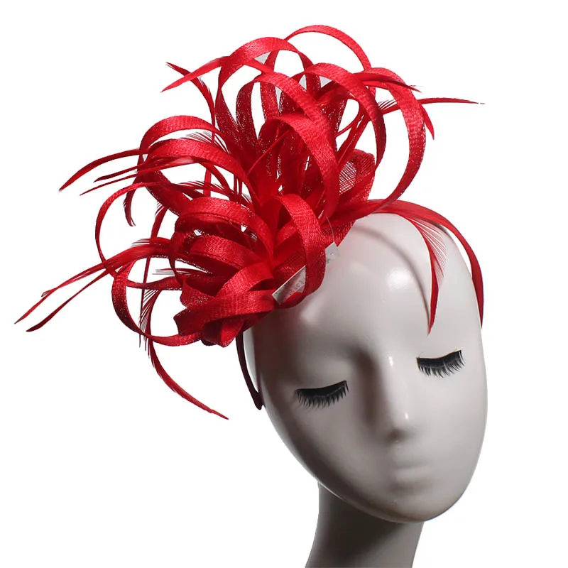 Wholesale Royal womens colorful feather red sinamay fabric church bridal fascinator hairband