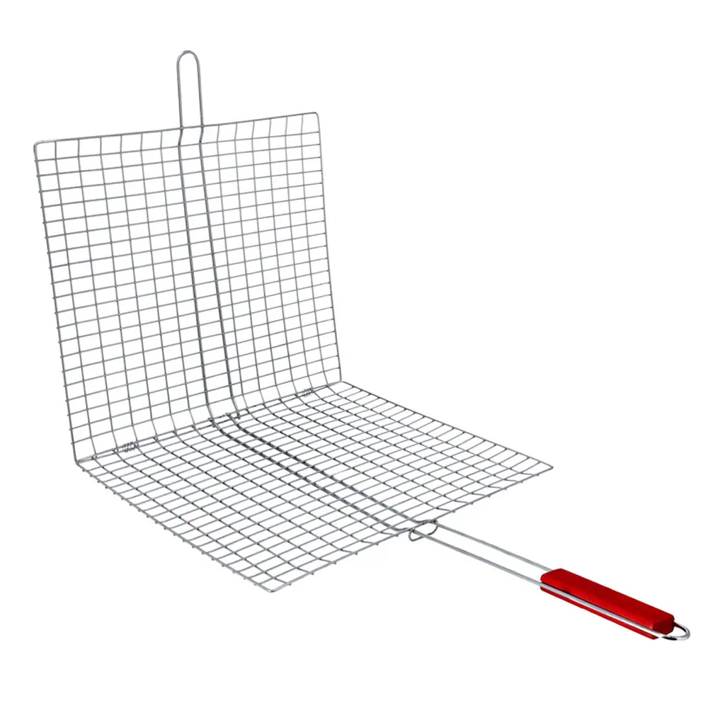 Portable Chrome Plated BBQ Grilling Basket Stainless Steel Vegetable Basket BBQ accessories with Removable Wooden Handle