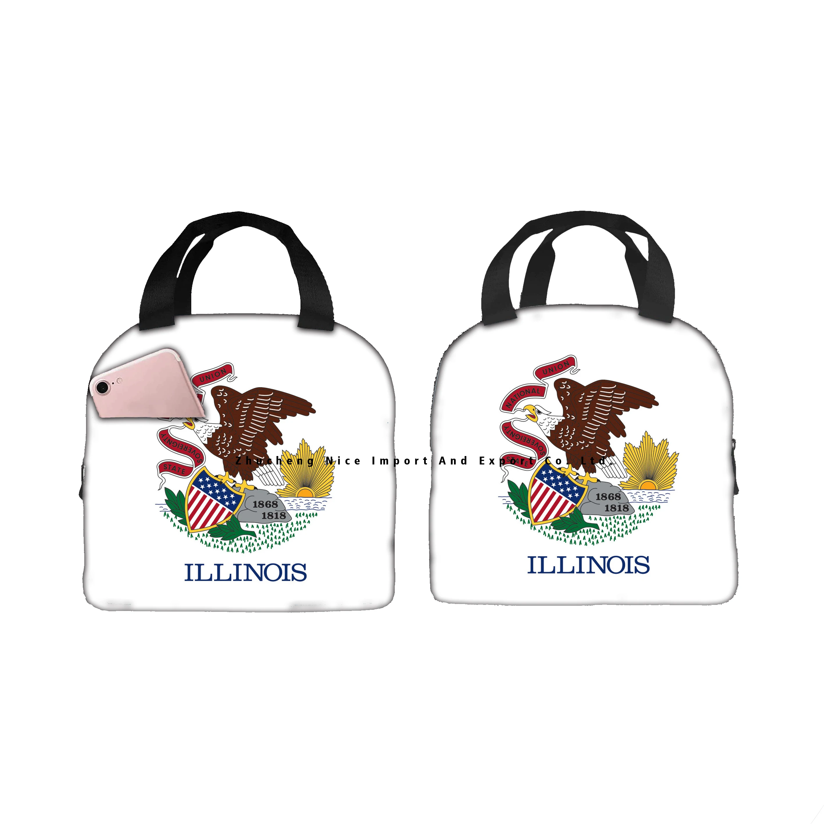 Custom America US Illinois state flag Lunch Tote Insulated Box Cooler Bag Seal Portable Thermal Insulation Aluminum Foil