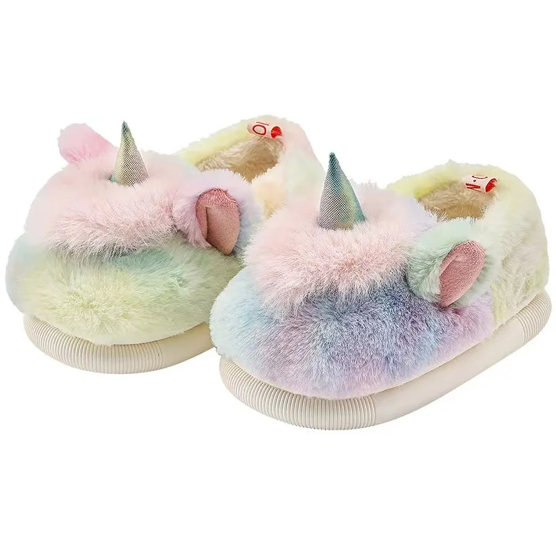2022 Winter Slip On Plush Colorfully Unicorn Furry Toddler House Indoor Slipper Sandal For Girls