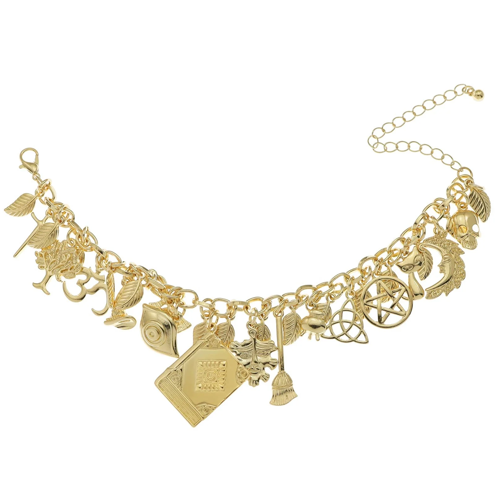 Vintage Multi Charms Cuff Bangle Bracelet Mythology Fairytale Lucky Cross Leaf Moon Face Celtic Cat Book