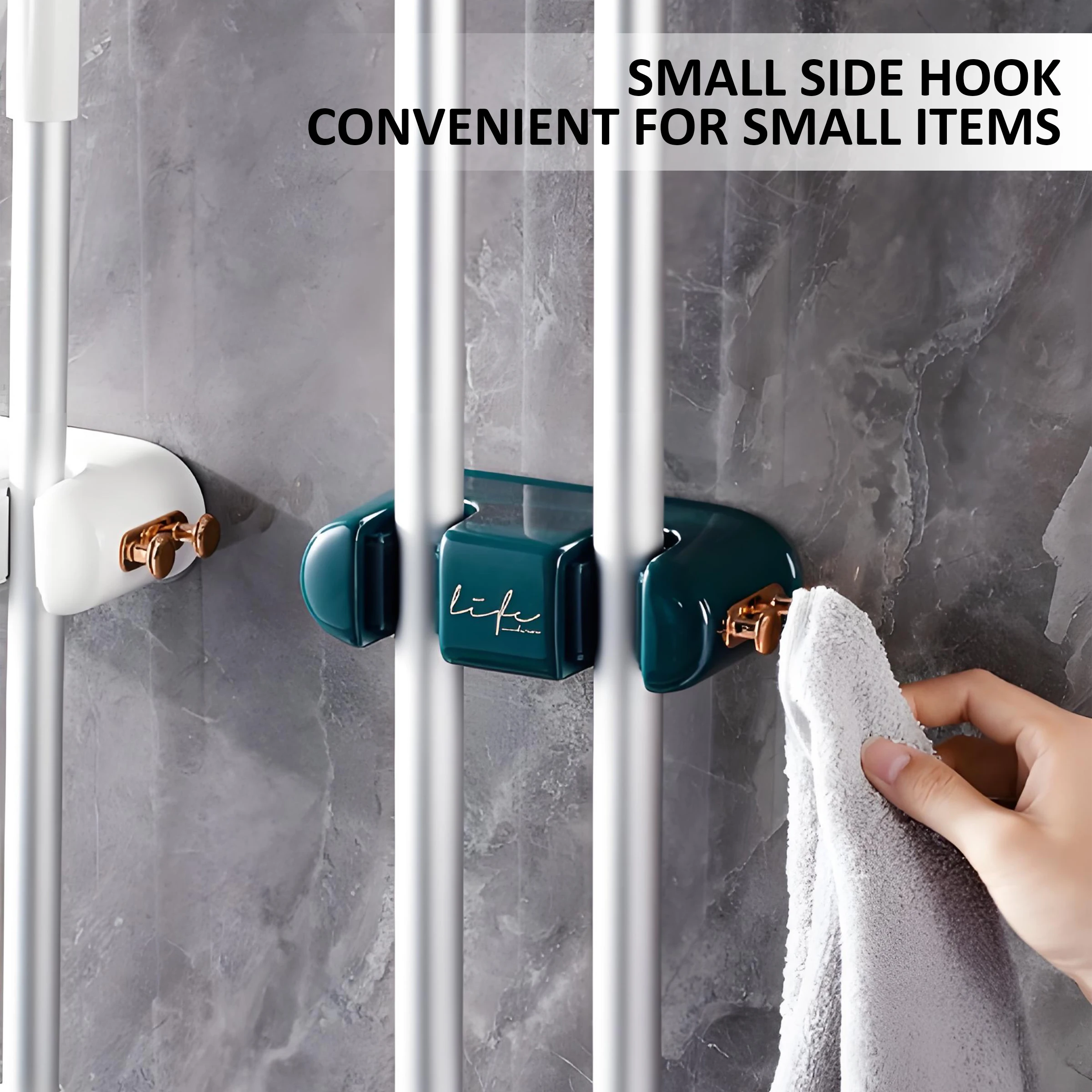 Hot Home Wall-Mounted Multifunctional Bathroom Storage Racks Hole-Free with Rag Hooks and Broom Mop Clip Storage