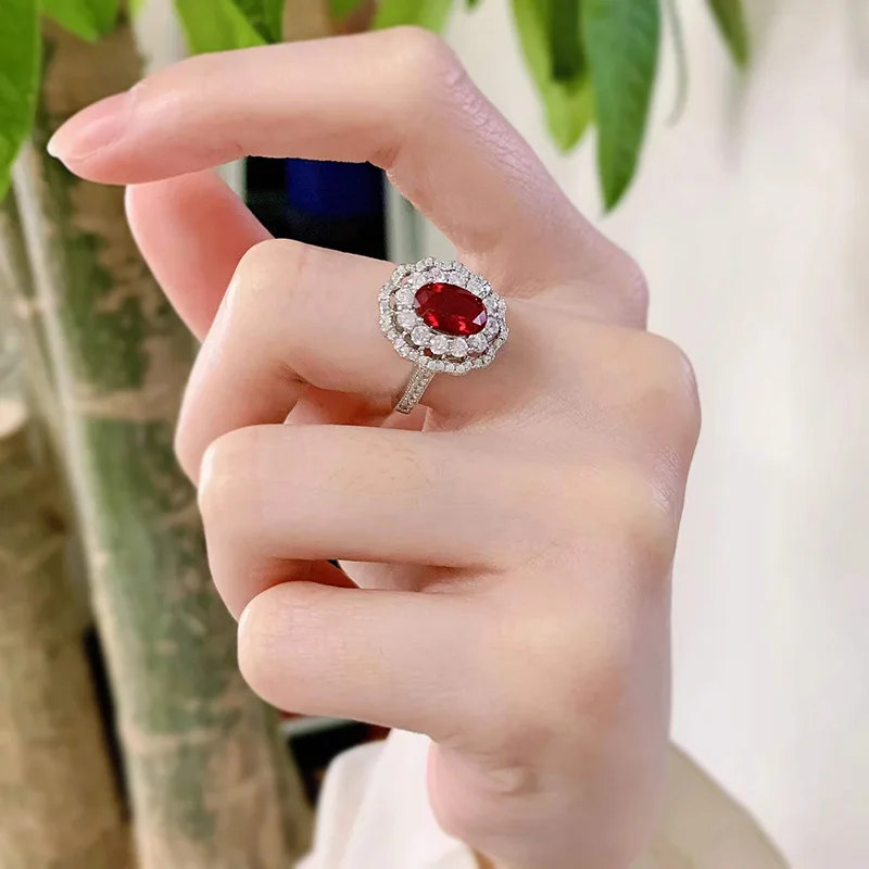 The New 925 Silver Ring for Women 5A Zircon 6 * 9 Pigeon Blood Red Ruby Ring Is Sold Directly by Manufacturers