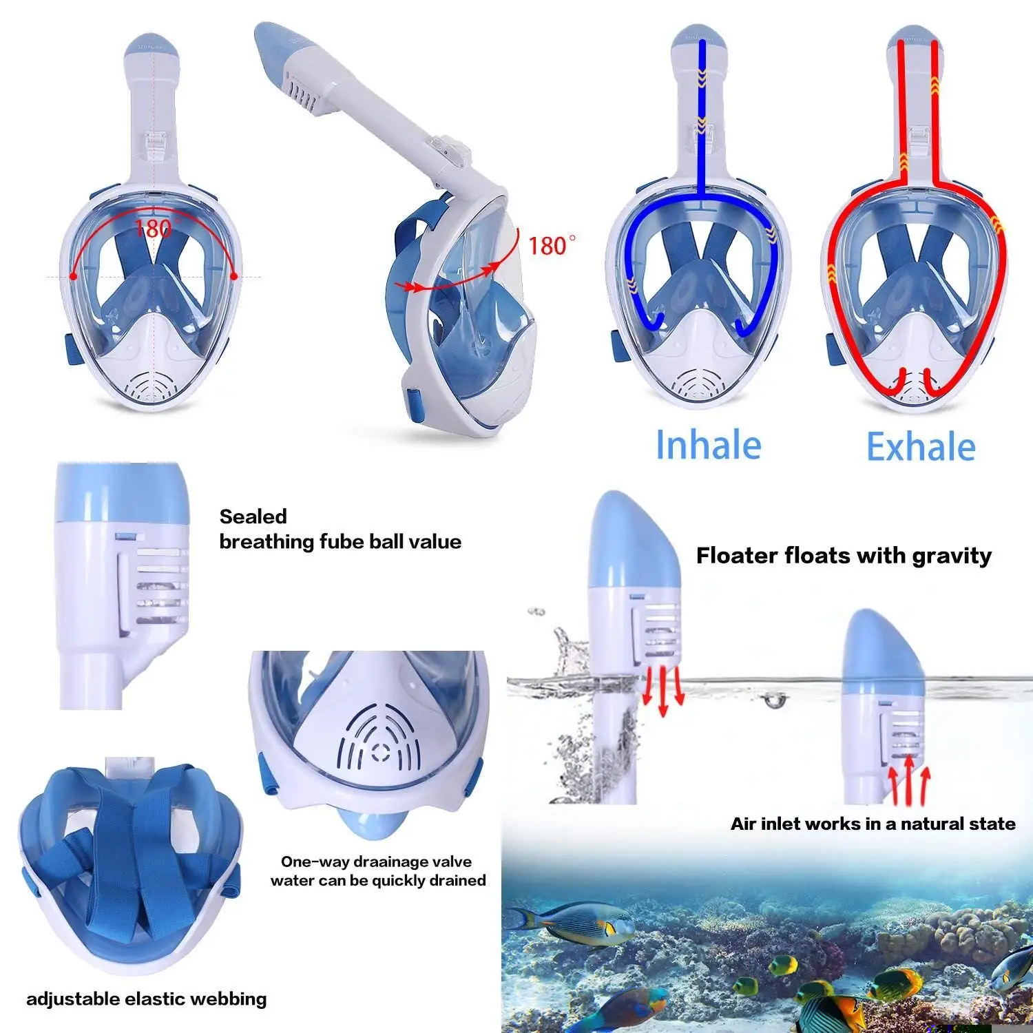 Silicone  Hot Sell Factory Best Price Panoramic 2023 Anti Fog Full Face Dive Smaco Crystal Seaview 180 Mask Snorkel