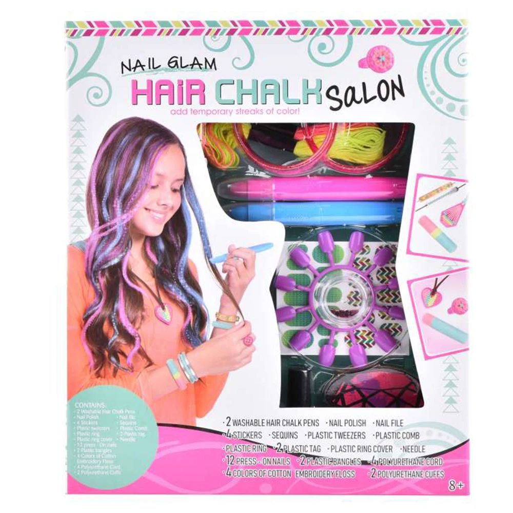 Beauty Play Set Press On Nails Polish Girls Toys Hair Chalk Makeup Set For Kids